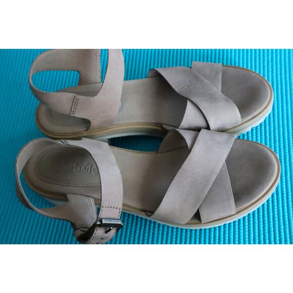 Timberland Platform Sandal 9.5 Taupe Leather Nubuck Open Toe Lug Sole Block Heel - Picture 5 of 9